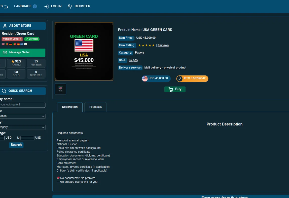 A listing shows a US green card priced at $45,000.