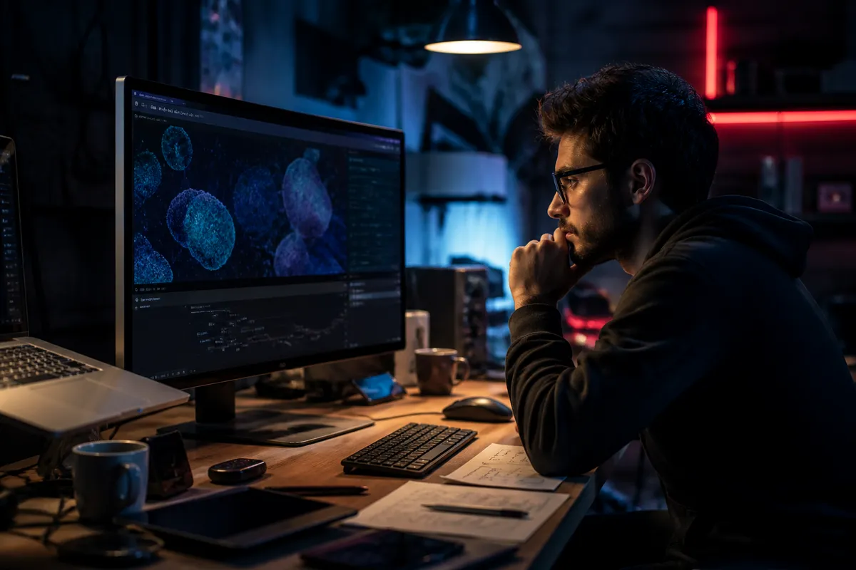 person researching dark web links on a desktop