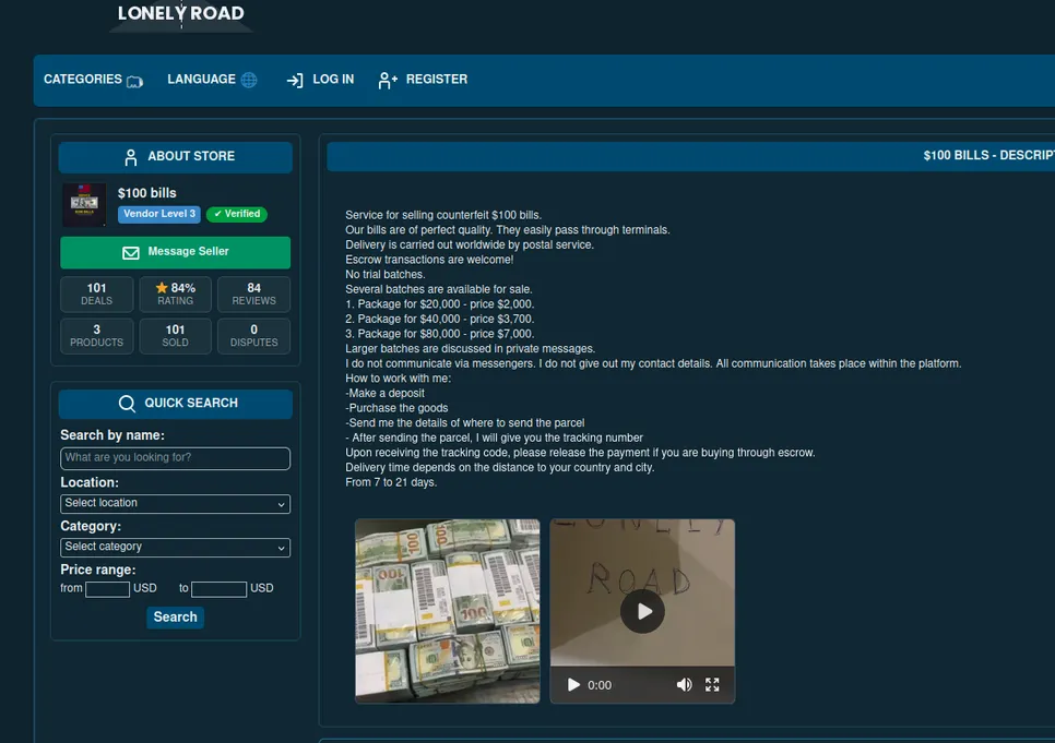 Counterfeit dollar sales page with banknote images