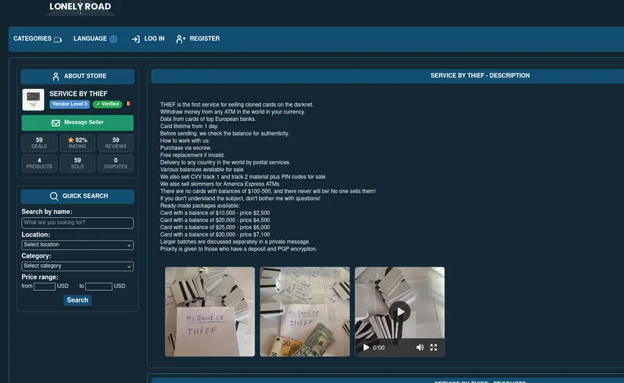 Darknet storefront interface advertising cloned payment cards
