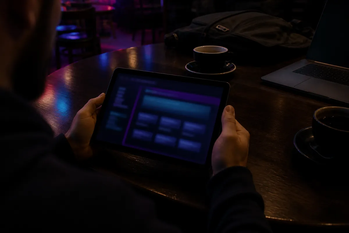 person using a tablet in a coffee shop